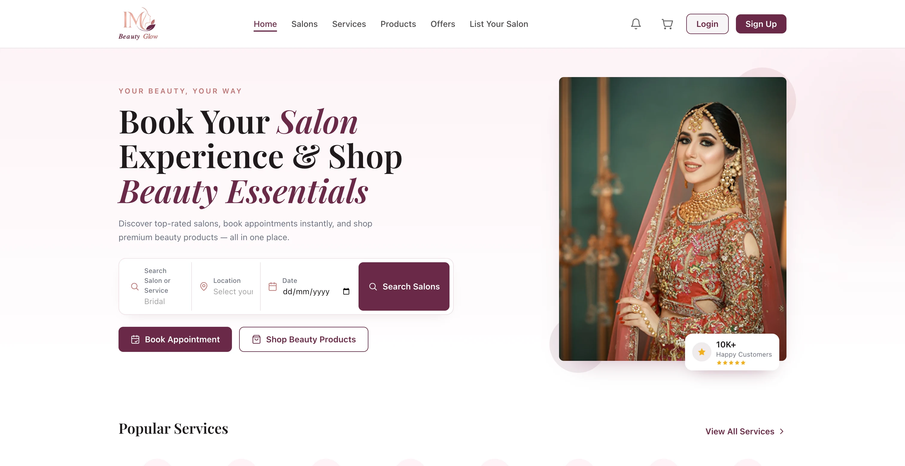 IM Beauty Glow homepage showing salon search, featured salons, and popular products