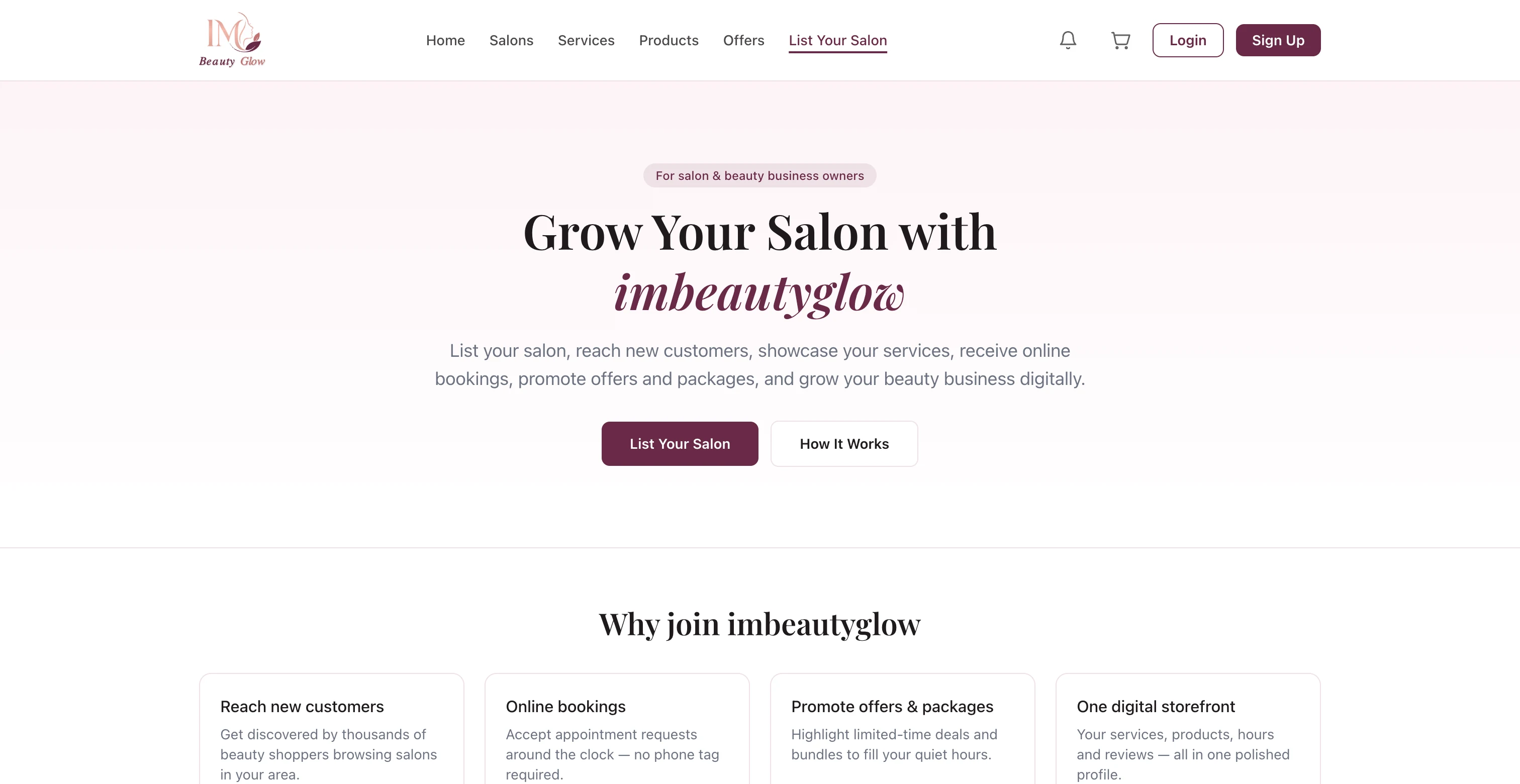 IM Beauty Glow salon self-onboarding landing page with a multi-step registration form