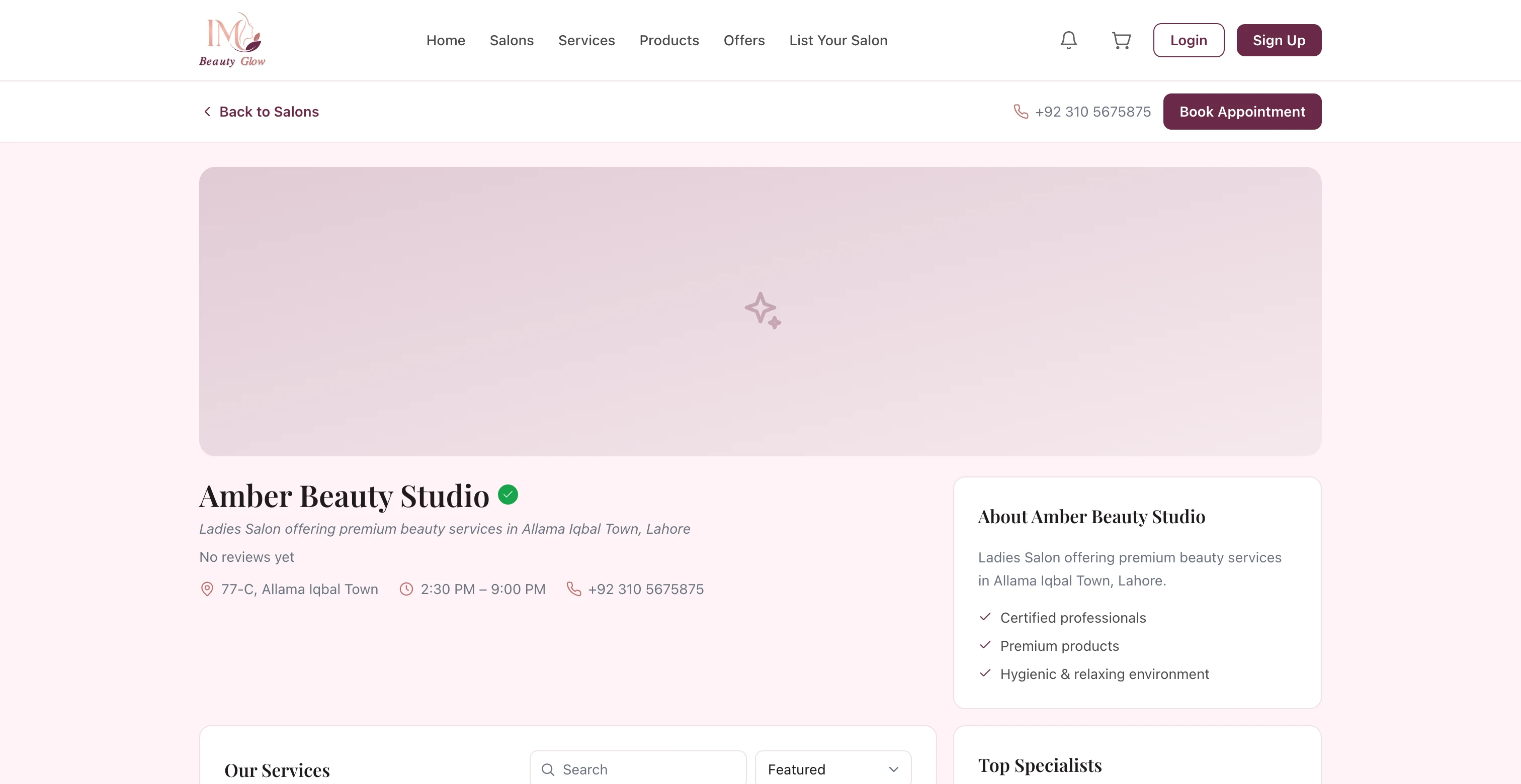 صفحة صالون Amber Beauty Studio تعرض الخدمات والمتخصصين في IM Beauty Glow