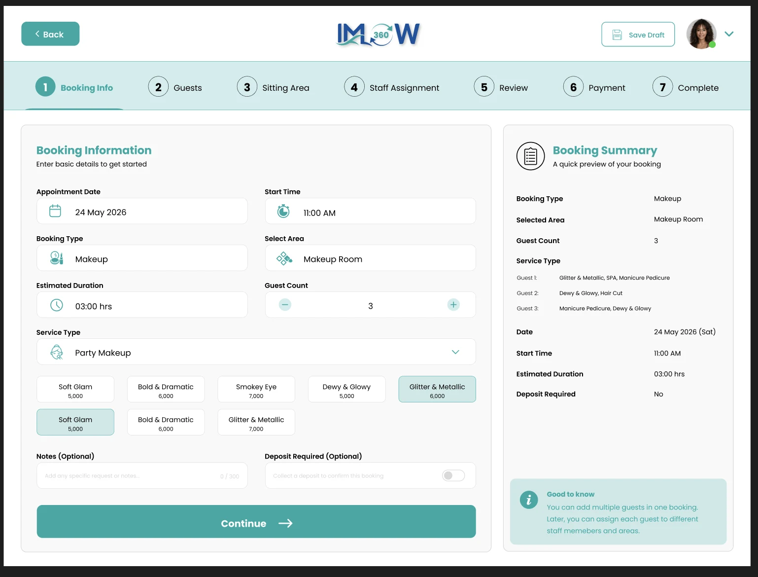 IMFlow360 multi-guest booking wizard with service tier selection and a live booking summary