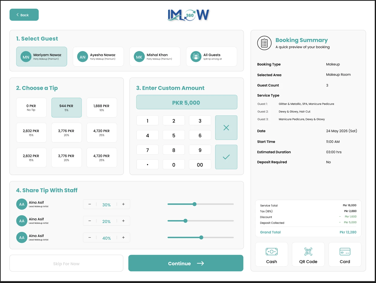 IMFlow360 customer-display tip screen with preset and custom tip amounts split across staff