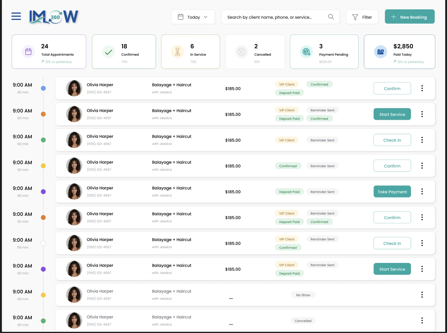 IMFlow360 POS front-desk dashboard with appointment queue and stat tiles