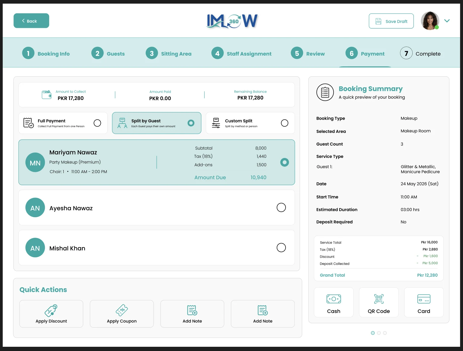 IMFlow360 checkout screen with full payment, split by guest, and custom split options